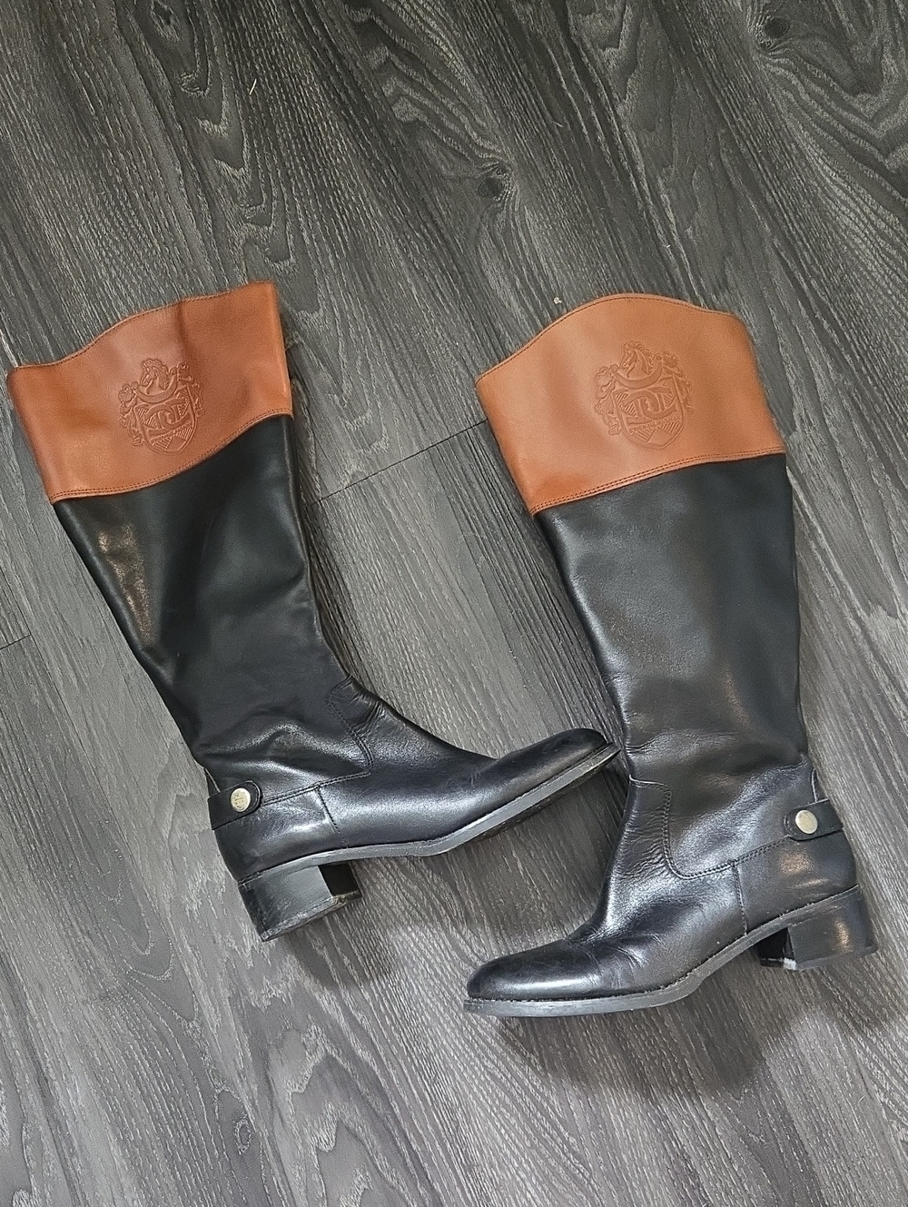 Etienne Aigner two-tone equestrian leather riding boots Size 7.5 Wide Shaft